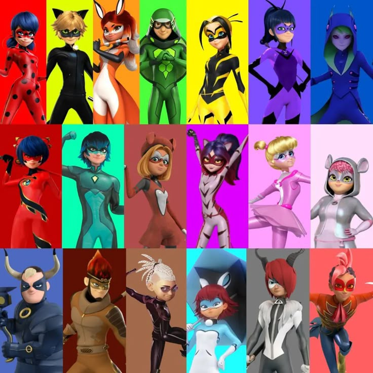 an image of many cartoon characters in different colors and sizes, all wearing catsuits