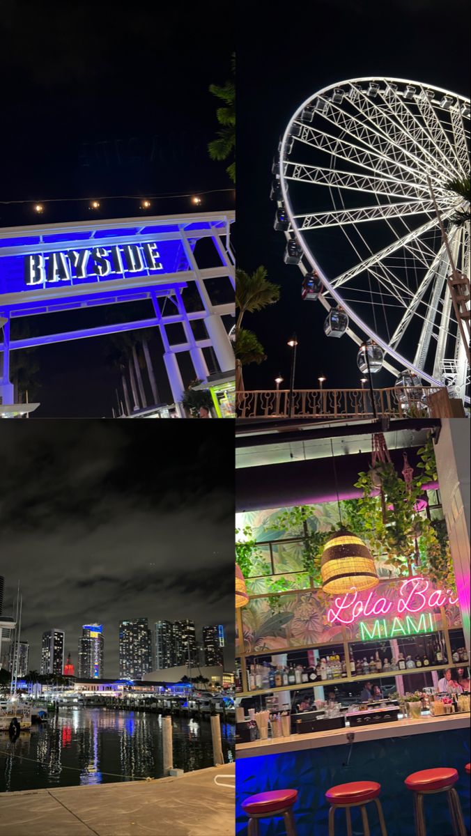 the ferris wheel is lit up at night, and there are many other things to see