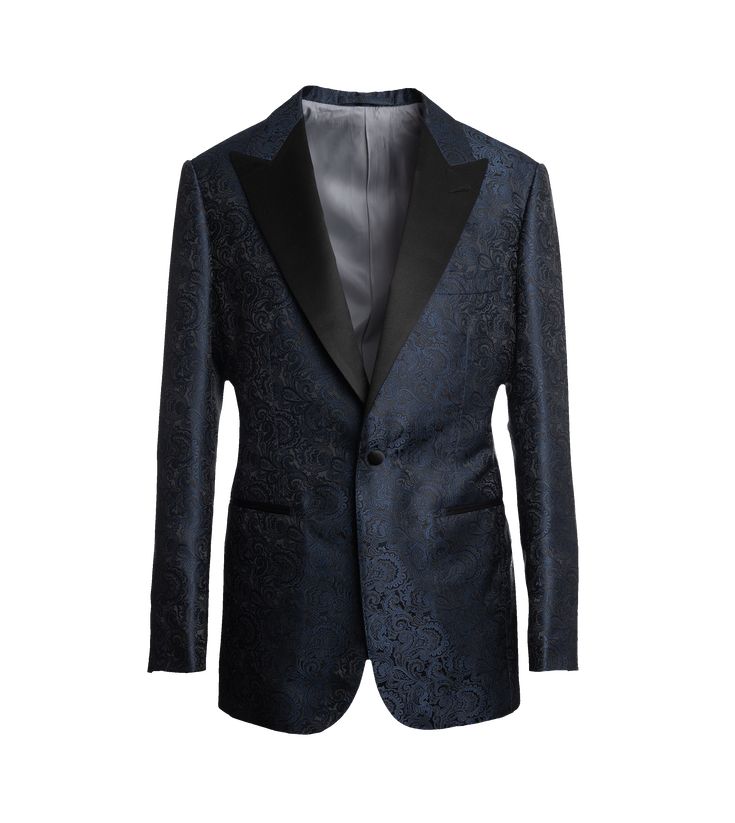 Blue/Black Ariston Paisley Jacquard Tuxedo Jacket Elegant Jacquard Business Suits, Single-breasted Jacquard Outerwear With Long Sleeves, Tailored Jacquard Suits, Tailored Jacquard Suits With Long Sleeve, Tailored Jacquard Blazer For Semi-formal Occasions, Fitted Jacquard Blazer For Semi-formal Occasions, Elegant Jacquard Long Sleeve Suits, Luxury Jacquard Blazer For Evening, Luxury Jacquard Evening Blazer