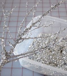 a plastic container filled with sparkling branches