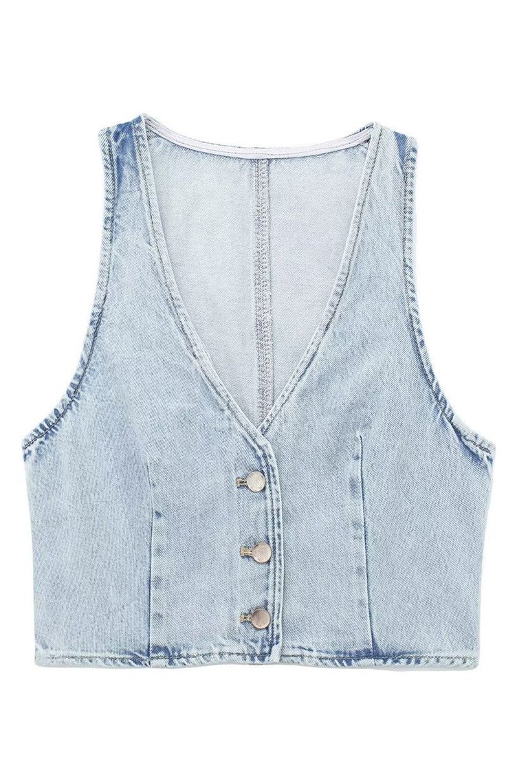 Introducing the Denim Crop Vest, a stylish layering piece with a light wash and pleated front for a touch of sophistication. This V-neck vest features three front silver buttons, adding a chic accent to any outfit. Perfect for versatile styling, it can be dressed up or down for any occasion. Measurements Based on Flat Lay: Small - Chest 18" Length 15" Medium - Chest 19" Length 15.5" Large - Chest 19.5" Length 16" Fabric Content: 100% Polyester High Waist Mini Skirt, Cutout Shorts, Crop Vest, Denim Vests, Suits Clothing, Fits Clothes, Long Sleeve Evening Dresses, Denim Patterns, Short Lace Dress