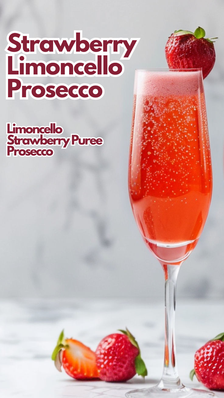 Strawberry Limoncello Prosecco Strawberry Lemonade Prosecco, Strawberry Puree Cocktail, Prosecco Cocktails Easy, Island Cocktails, Mixology Party, Strawberry Cocktail Recipe, Drunk Baby, Alcohol Mixers, Limoncello Cocktails