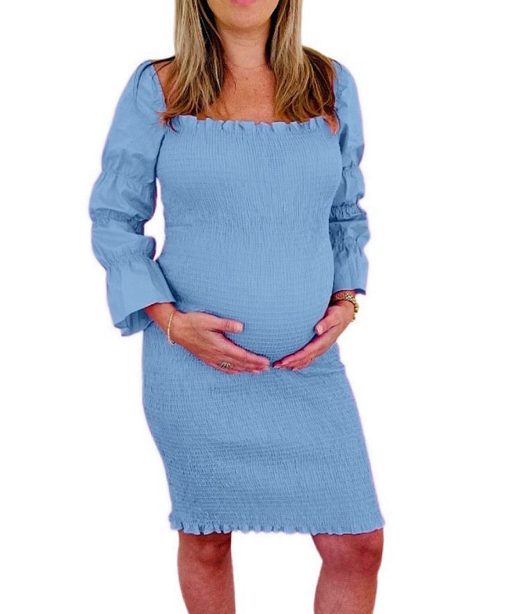 This dress is on point with today's latest fashion trends as it features super stylish puffed sleeves and smocked (stretchy/elastic) material that’s perfect for a growing baby bump. Our best-selling baby shower dress in-store and online! Color: Sky Blue Bodycon fit, above-the-knee length Wear maternity and non-maternity Nursing-friendly! Size Chart - size down for bodycon fit. **We often recommend ordering two sizes and sending back the one that doesn’t fit. Our return policy offers a full refun Fitted Spring Maternity Dress, Spring Fitted Maternity Dress, Fitted Maternity Dress For Spring, Spring Non-stretch Maternity Dress, Spring Maternity Dress, Bump-friendly And Fitted, Spring Maternity Wear Ruched Dresses, Spring Dresses With Stretch Elastic Shoulders, Spring Maternity Stretch Dresses, Spring Maternity Dress Fitted And Bump Friendly