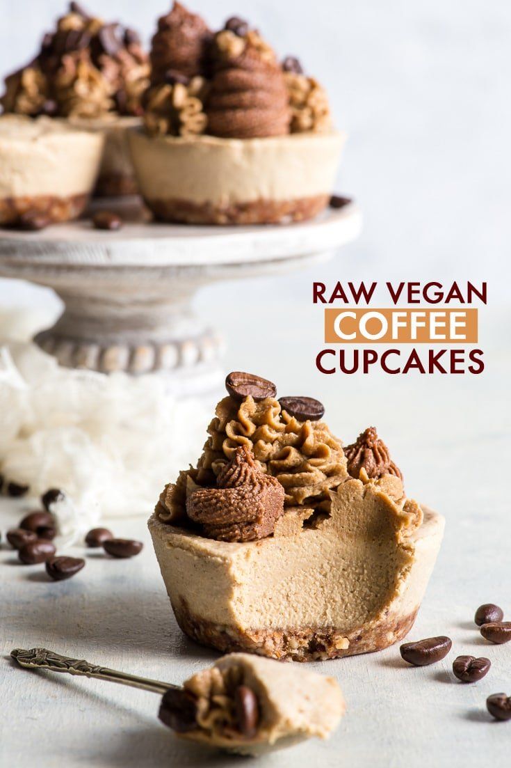 raw vegan coffee cupcakes are topped with chocolate and pecans on top