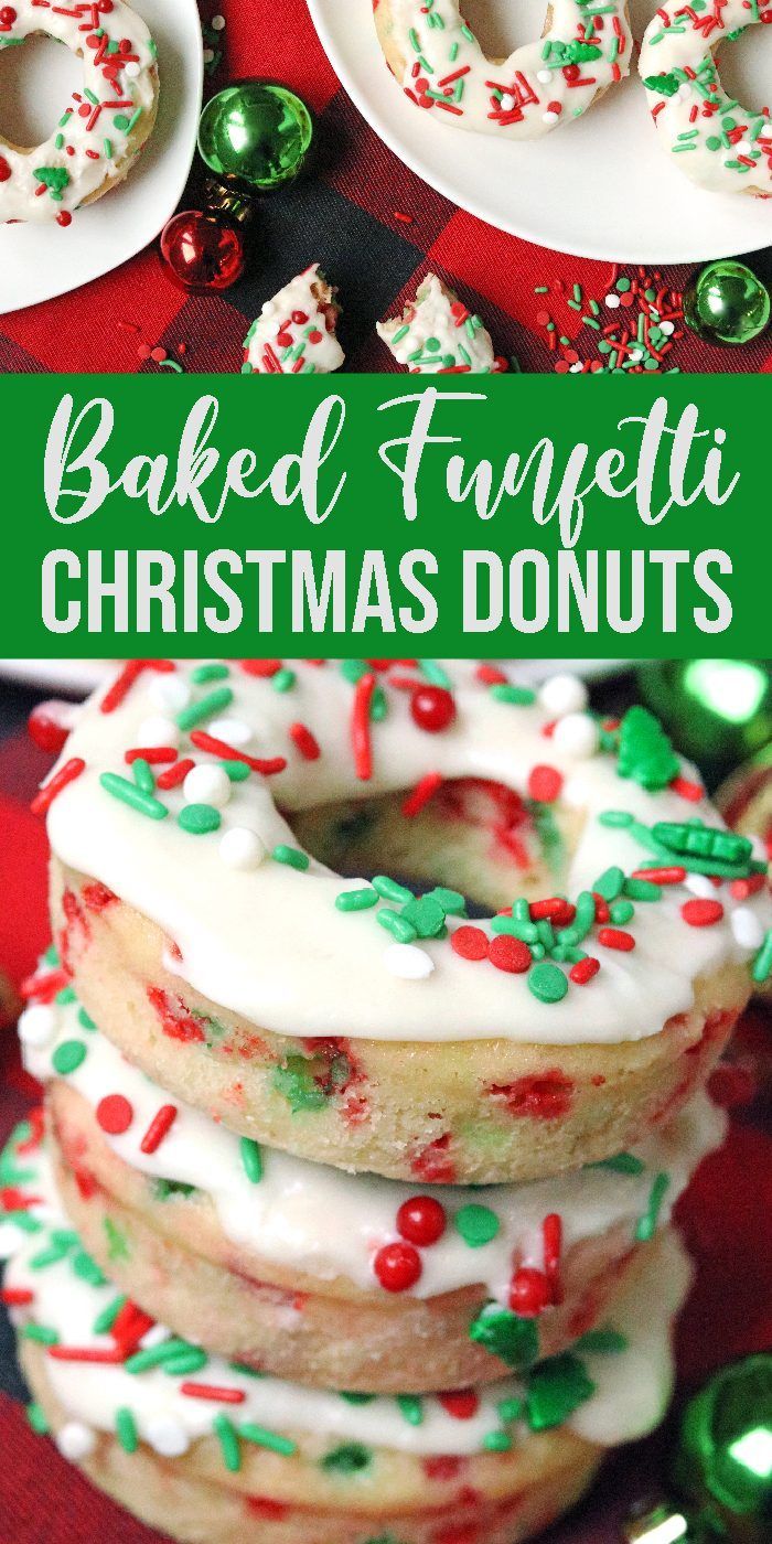 Baked Christmas Funfetti Donuts Easy Donut Recipe Baked, Baked Donuts Easy, Christmas Breakfast Recipe, Christmas Donuts, Baked Donut Recipes, Christmas Sprinkles, Homemade Donuts, Christmas Sugar Cookies, Mini Donuts