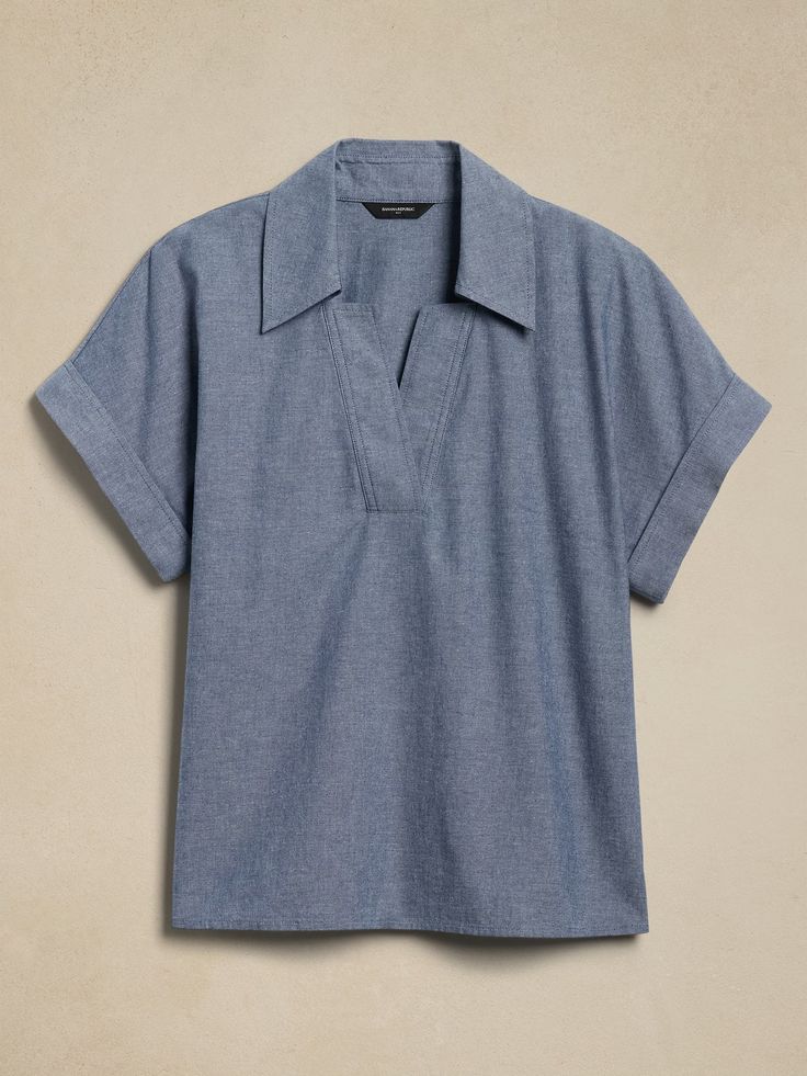 Collar-Neck Chambray Top | Banana Republic Factory Fall V-neck Top With Placket, Cotton V-neck Top With Rolled Sleeves, Spring V-neck Top With Roll-up Sleeves, Business Casual Cotton V-neck Tops, V-neck Top With Placket For Fall, Spring Johnny Collar Tops For Daywear, Spring Johnny Collar Tops, Relaxed Fit Johnny Collar Top For Daywear, Spring Tops With Rolled Sleeves And Camp Collar