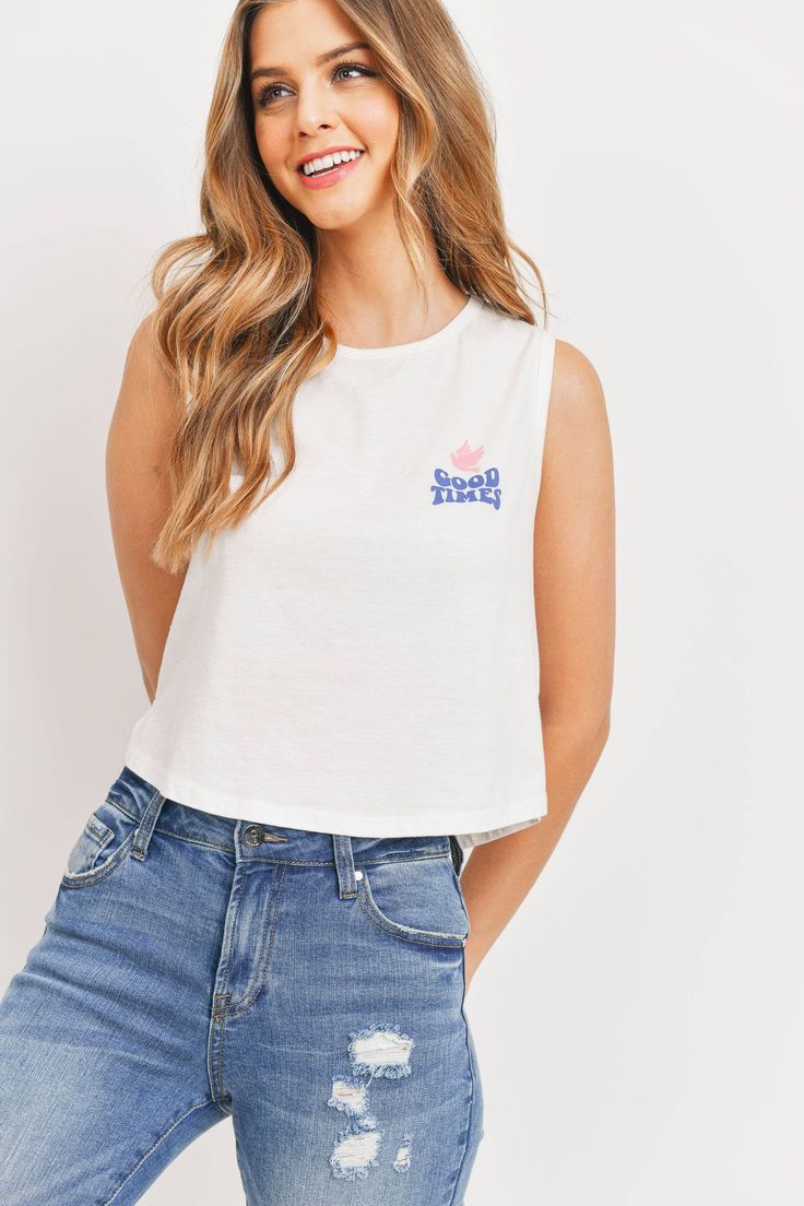 "\"Good Times\" Slogan Tank Top - Crew neck - Sleeveless - Slogan print detail - Cropped length Model is Wearing Small Height : 5' 8\" Bust : 31.5\" Waist : 24\" Hips : 35\"" Cotton Vest With Graphic Print For Spring, Casual Tank Crop Top With Graphic Print, Casual Graphic Print Tank Crop Top, Graphic Print Cotton Muscle Tank Tee, Trendy Sleeveless Cotton Top, Graphic Print Cotton Tank Top, Cotton Graphic Print Tank Top, Trendy Graphic Print Sleeveless Tank Top, Cotton Racerback Muscle Tee With Graphic Print