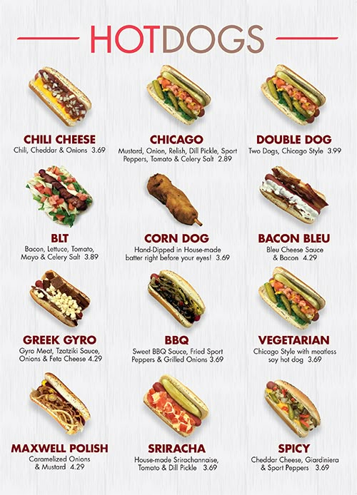 the hot dogs menu is shown with different types of hotdogs and condiments