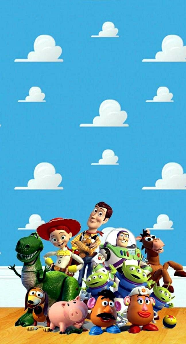 the characters from toy story are standing in front of a blue sky