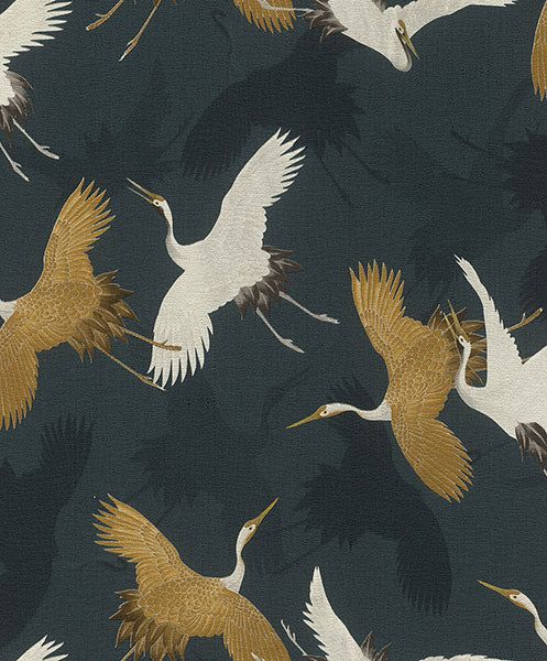 a flock of birds flying through the air on top of a black background with white and gold accents