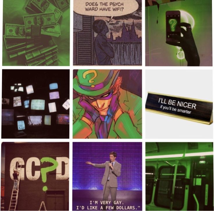 a collage of photos with green and black text on them, including an image of a man in a suit