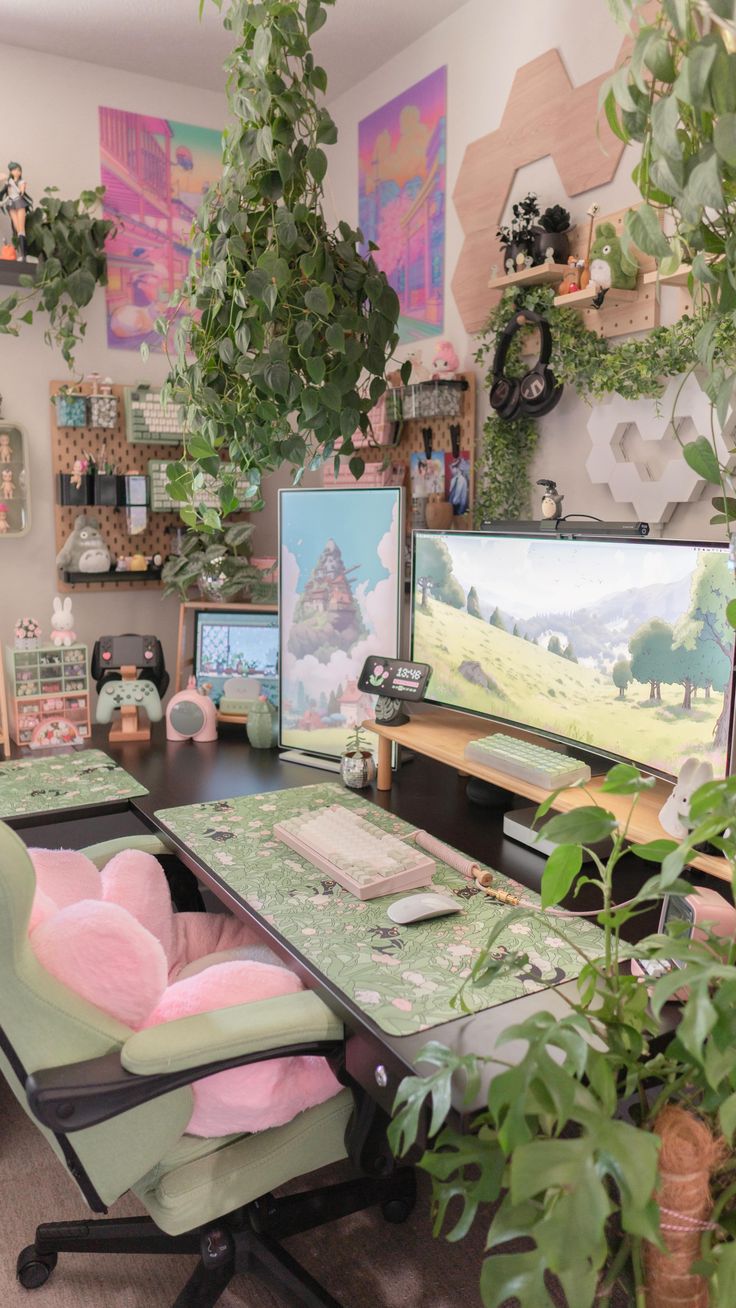 a desk with two computer monitors on top of it next to plants and other items