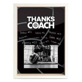 a black and white photo with the words thanks coach written on it, in front of a volleyball net