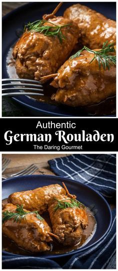 two pictures of meat with gravy on top and the words authentic german roulagen