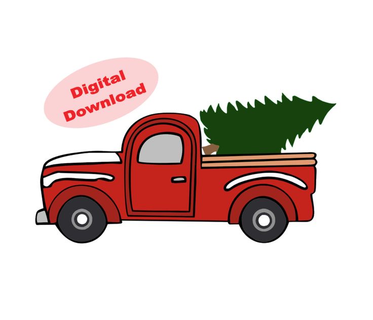 an old red truck with a christmas tree on the back