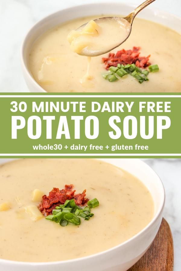 two bowls filled with potato soup on top of a wooden cutting board and the title reads 30 minute dairy free potato soup