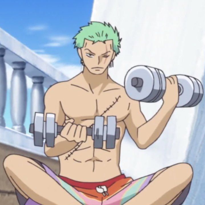 a man with green hair and no shirt holding two dumbbells in his hands