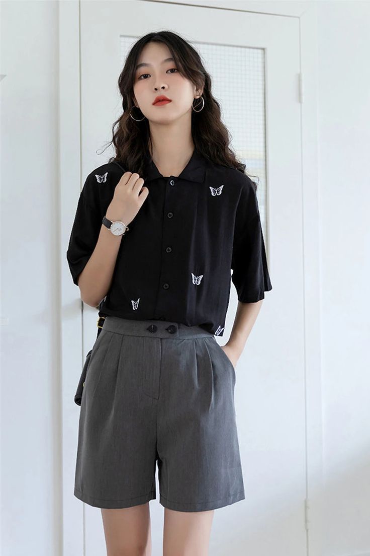 Butterfly Embroidered Button Up Shirt – Tomscloth Casual Embroidered Collared Tops, Black Tops With Collared Neckline And Buttons, Black Tops With Buttons And Collared Neckline, Black Tops With Buttoned Collared Neckline, Casual Embroidered Collared Shirt, Black Collared Top With Buttons, Black Collared Top With Button Closure, Black Top With Button Closure And Collared Neckline, Black Collared Shirt With Buttons