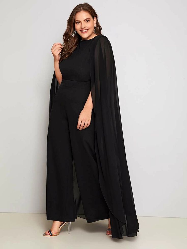 Plus Chiffon Cape Detail Palazzo Jumpsuit | SHEIN USA Jumpsuit With Cape, Chiffon Cape, Palazzo Jumpsuit, Chiffon Jumpsuit, Shein Pants, Fitted Jumpsuit, Cape Sleeves, Batik Dress, Plus Size Jumpsuit