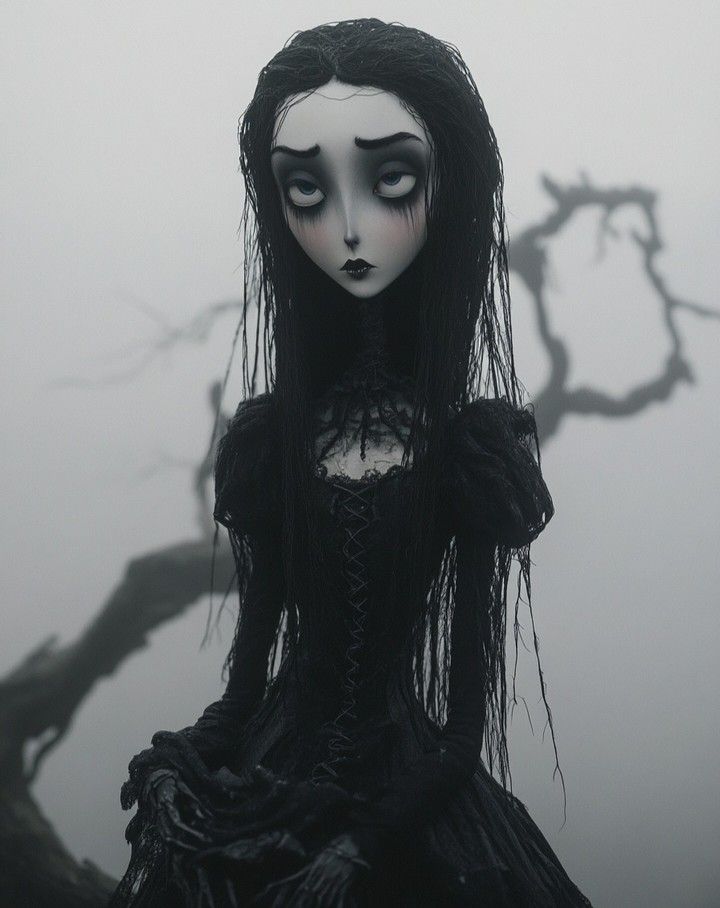 a creepy doll with long black hair sitting in front of a bare tree and looking at the camera