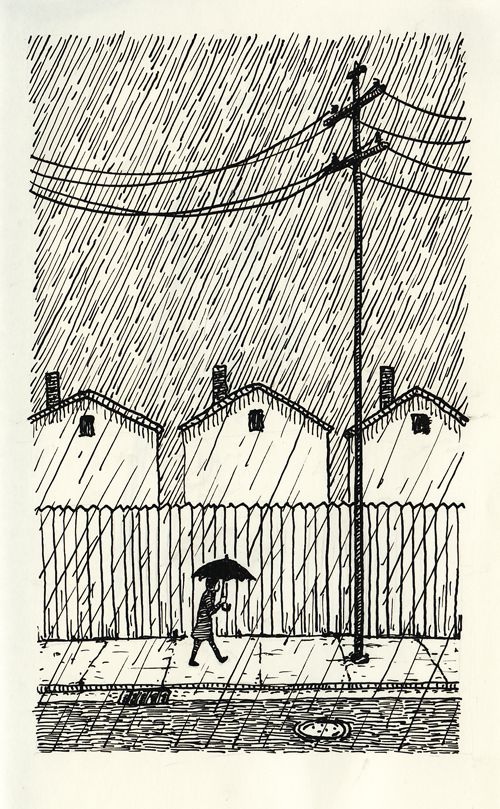 an ink drawing of a person walking in the rain with an umbrella over their head