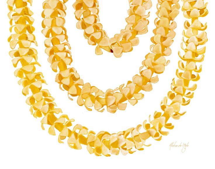 two strands of yellow glass beads on a white background