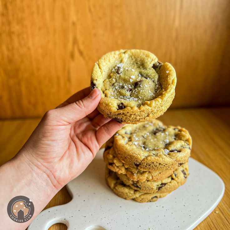 two chocolate chip cookies sitting on top of a white plate