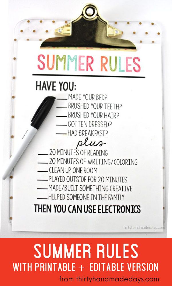 a summer rules printable on a clipboard with the text,'summer rules '