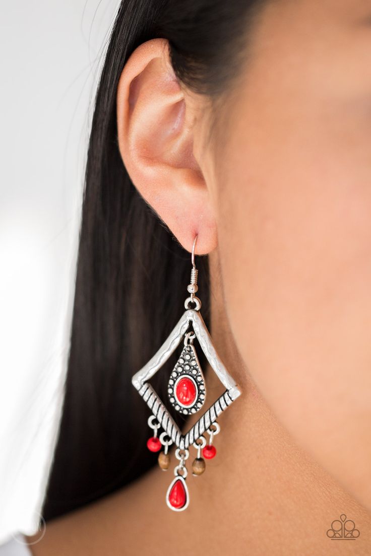 Featuring a bright red bead, a studded silver teardrop swings from the top of a kite-shaped silver frame. Dainty red and wooden accents swing from the bottom of a hammered frame, creating a seasonal fringe. Earring attaches to a standard fishhook fitting.

 Sold as one pair of earrings. Fringe Earring, Silver Frames, Fish Hook Earrings, Paparazzi Accessories, Red Earrings, Paparazzi Jewelry, Red Bead, Shiny Silver, Silver Bangles