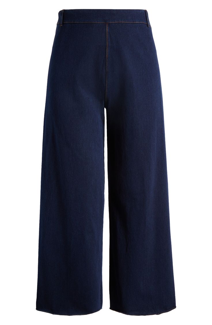 Be equal parts polished and comfortable in these incredible stretchy cotton pants perfected by a high-rise waist. 28" inseam; 12 1/2" leg opening; 14" front rise; 17 1/2" back rise Pull-on style Back patch pockets 95% cotton, 5% spandex Machine wash, line dry Imported Dark Wash Cropped Wide Leg Pants With Five Pockets, Workwear Wide-leg Jeans With Elastic Waistband, Dark Wash Wide Leg Cropped Pants With Relaxed Fit, Chic Cropped Dark Wash Wide Leg Pants, Fall Cropped Leg Pull-on Style Pants, Fall Cropped Leg Pull-on Pants, Fall Cropped Leg Pants With Pull-on Style, Versatile Mid-rise Wide Leg Pants, Mid-rise Wide Leg Pants With Relaxed Fit