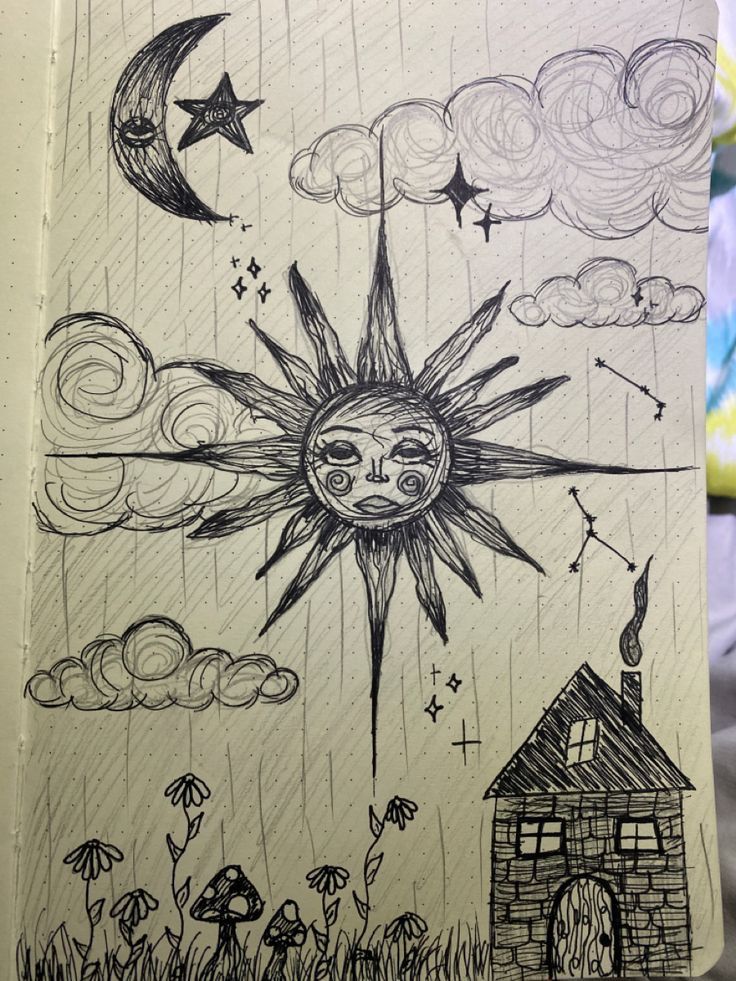 a drawing of the sun and moon in front of a house with clouds above it