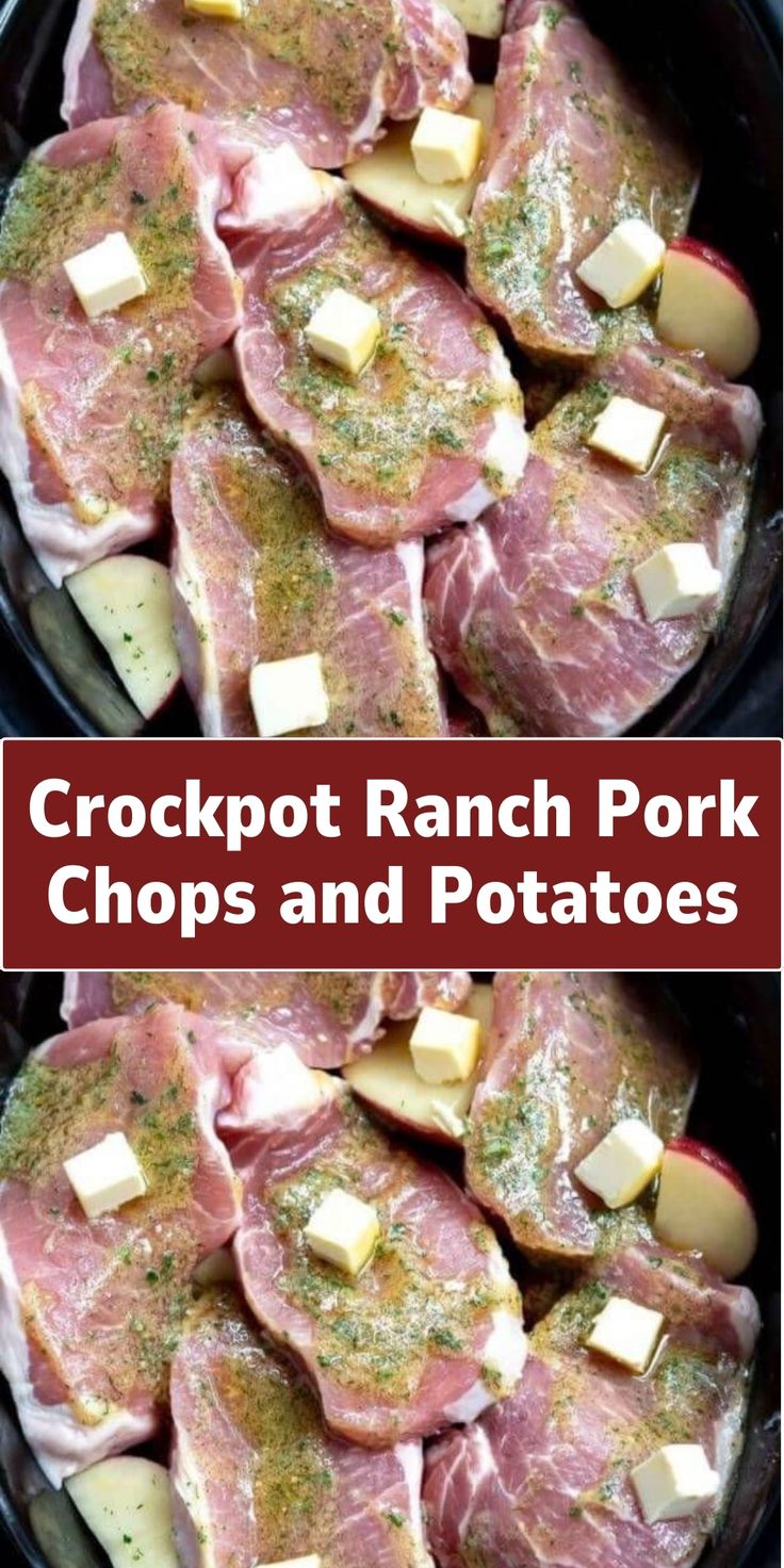 the crockpot ranch pork chops and potatoes are ready to be cooked in the slow cooker