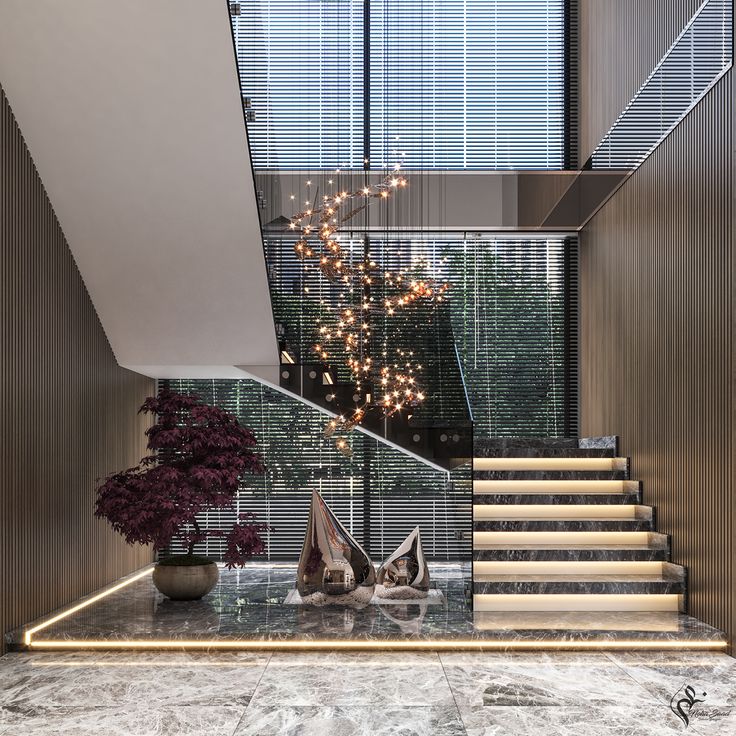 the stairs in this modern house are decorated with lights