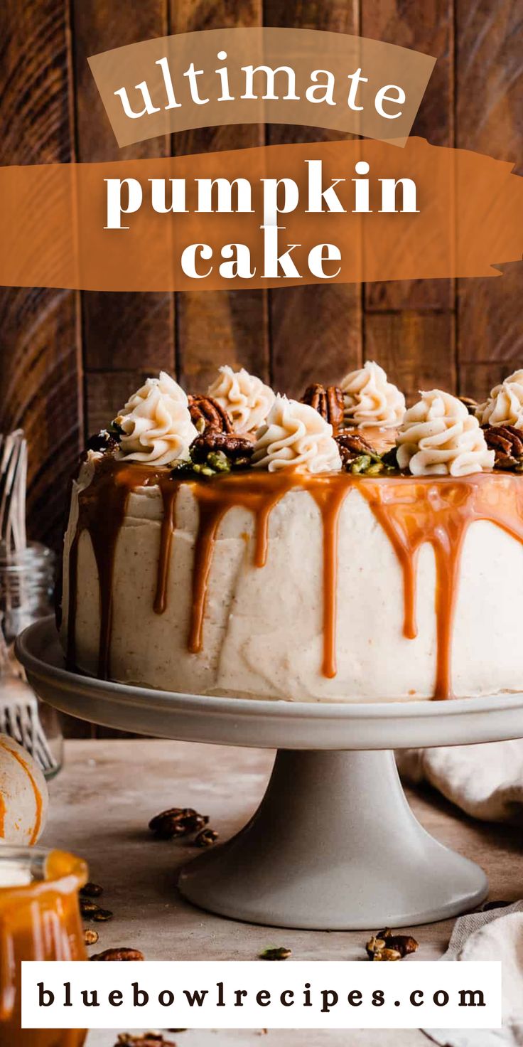 a pumpkin cake with caramel drizzle on top