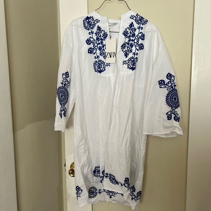 -Super Cute Summer Dress With Floral Embroidered Detail -Size S, Loose -10/10 Condition, New With Tags Zara Floral Embroidered Dress For Beach, White Embroidered Zara Dress, Zara Long Sleeve Embroidered Summer Dress, Zara White Embroidered Summer Dress, Zara White Embroidered Dress, Zara White Embroidered Long Sleeve Dress, Zara White Long Sleeve Embroidered Dress, Zara V-neck Dress With Floral Print, Zara V-neck Floral Embroidered Dress