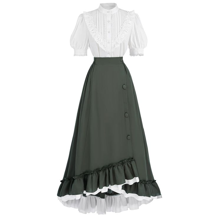 PRICES MAY VARY. Style - The Victorian dress is short-sleeved, making it more suitable for summer. Stand-up collar and irregular high low hemline, like the swaying of a lotus leaf, wearing it will take you on a vintage romantic journey Material - The Victorian shirt is made of poplin fabric and the skirt is made of high quality cotton, which is soft to the touch and breathable and comfortable. Semi-elasticized design at the waist to better show the body line Package - This edwardian dress costum Vintage Dress For Women, Royal Casual Dress, 1901 Fashion Women, Aesthetic Dresses For Women, Victorian Summer Dress, Modern Victorian Fashion Aesthetic, Victorian Era Dresses Simple, Simple Victorian Dress, Old Style Outfits