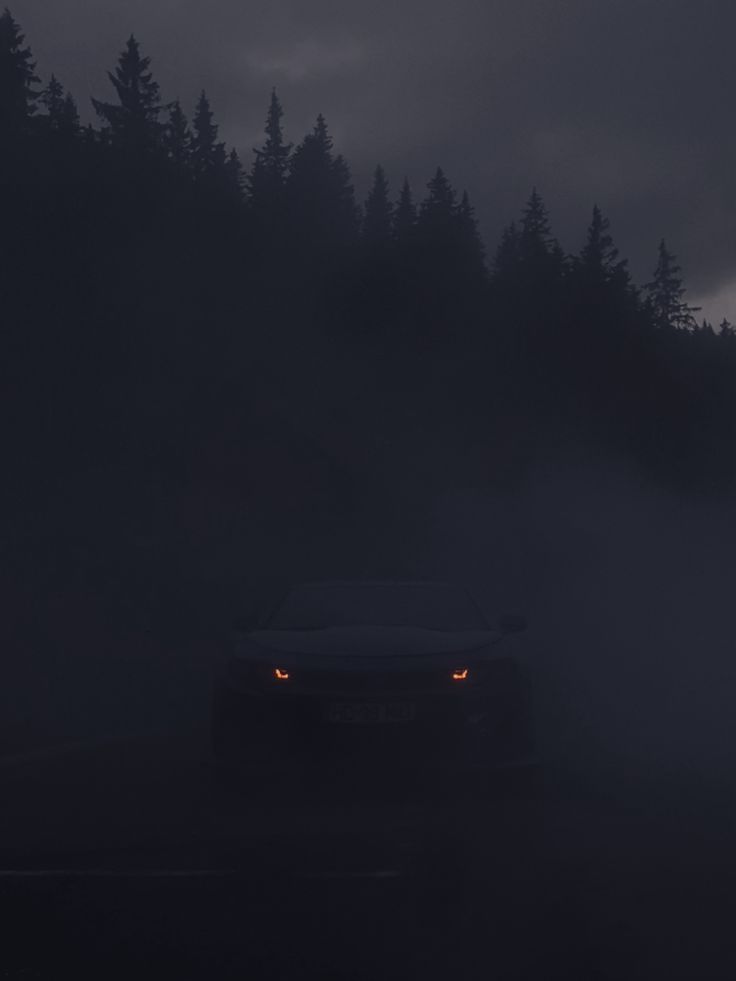 a car driving on a road in the dark with fog and trees behind it at night