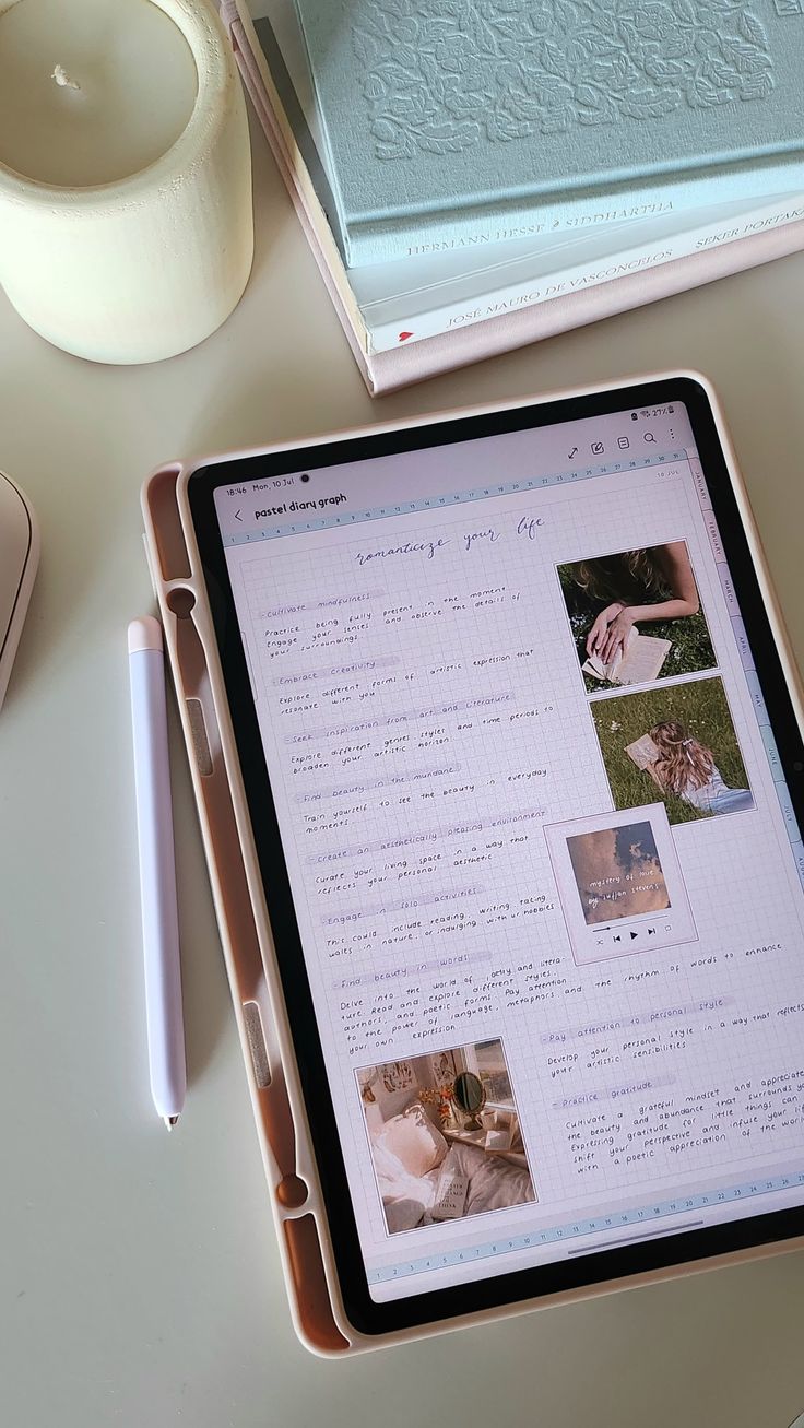 a tablet computer sitting on top of a table next to a pen and cup filled with liquid