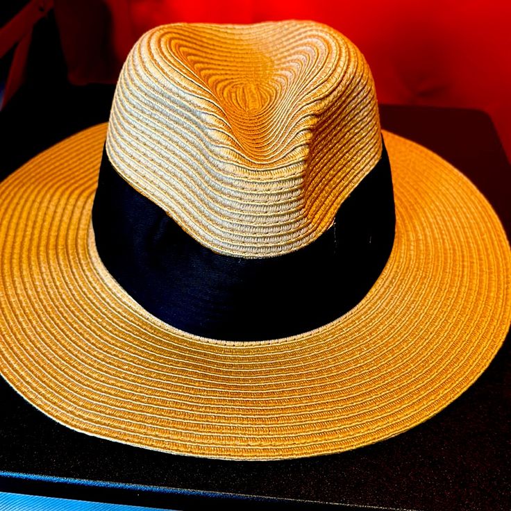 Approx. Dimensions: 22-1/2"L X 4"W; One Size Adjustable-Fit Band Packable Fabric Tie Trim Polyester Spot Clean Summer Fedora Hat One Size, Gold Fedora Sun Hat For Summer, Beach Fedora One Size With Brim, One Size Beach Fedora With Brim, Casual Gold Hats For Summer, Casual Gold Summer Hats, Casual Gold Hat For Spring, Gold Fedora Sun Hat For Spring, Casual Gold Straw Hat With Curved Brim