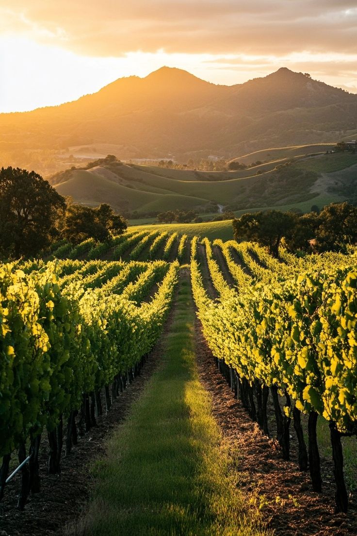 the sun shines brightly over rows of vines