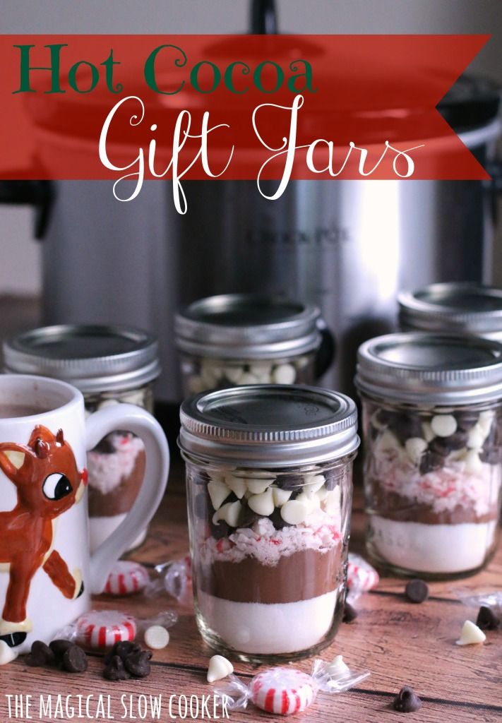 hot cocoa gift jars filled with marshmallows and chocolate