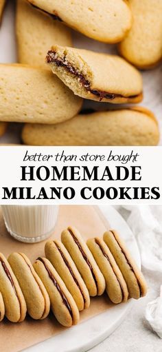 some cookies are sitting on a plate with the words, better than store bought homemade milano cookies