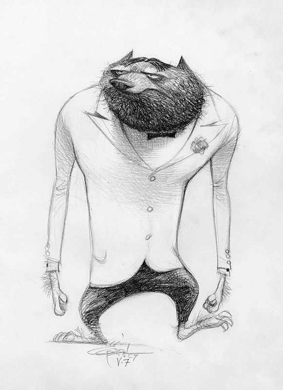 a drawing of a man with a beard and no shirt sitting on the ground in front of him