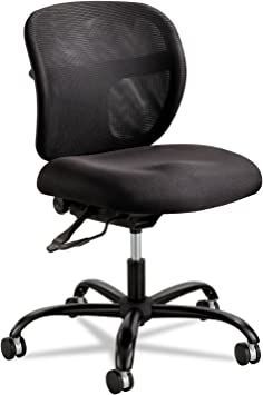 an office chair with wheels and black mesh back