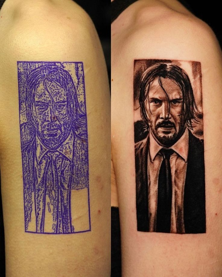 two tattoos depicting the faces of people with long hair and beards on their arms