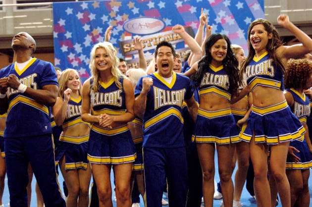 a group of cheerleaders standing on top of a basketball court