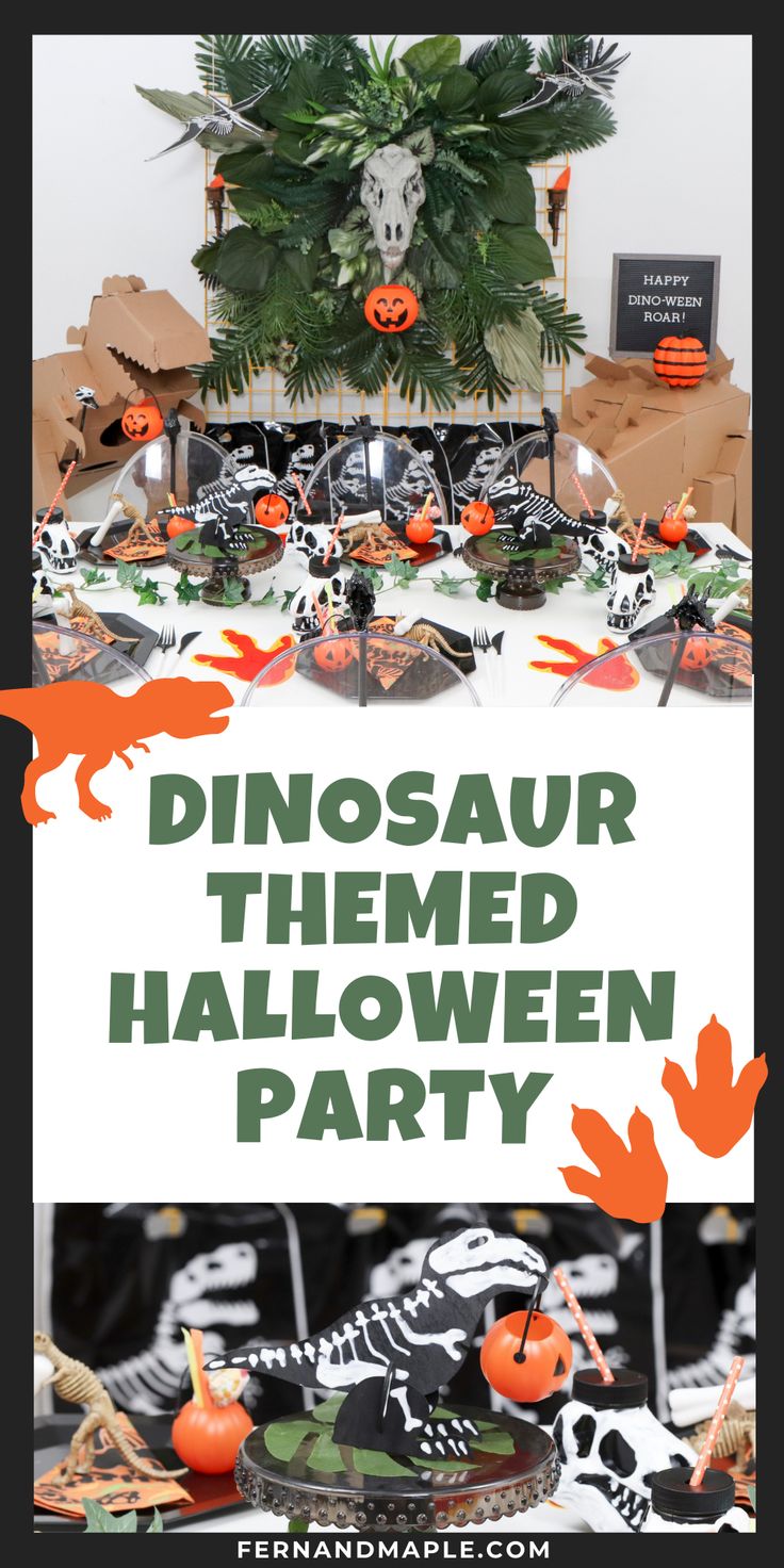 dinosaur themed halloween party with orange and black decorations