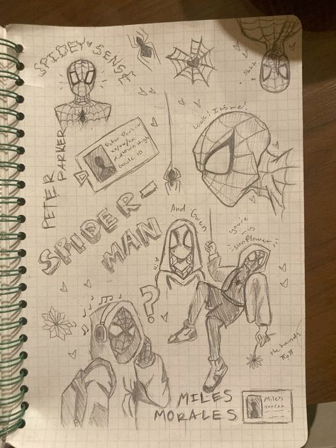 a notebook with drawings on it and spider man characters in the pages next to each other