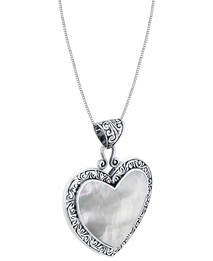 Old word charm exudes from this vintage-inspired mother-of-pearl heart pendant necklace. Macy's Polished Finish Necklaces For Gifts, Macy's White Gold Necklace For Gift, Macy's White Gold Necklace Gift, Elegant Silver Heart Necklace With Pearl Charm, Silver Heart Shaped Necklace With Pearl Pendant, Elegant Mother Of Pearl Jewelry For Valentine's Day, Classic Heart-shaped Macy's Jewelry, Classic Macy's Necklaces For Gift, Elegant Heart Charm Necklace From Macy's