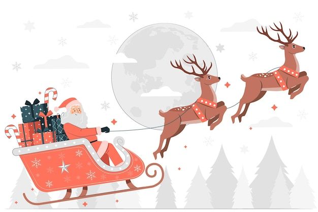 santa claus is riding in his sleigh with reindeers and presents on the back